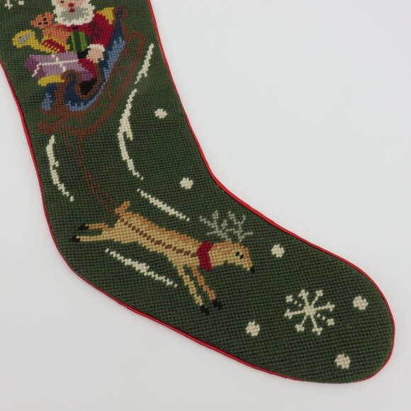VTG Handmade Santa Reindeer Sleigh Needlepoint Christmas Stocking Mark Holiday - Picture 4 of 9